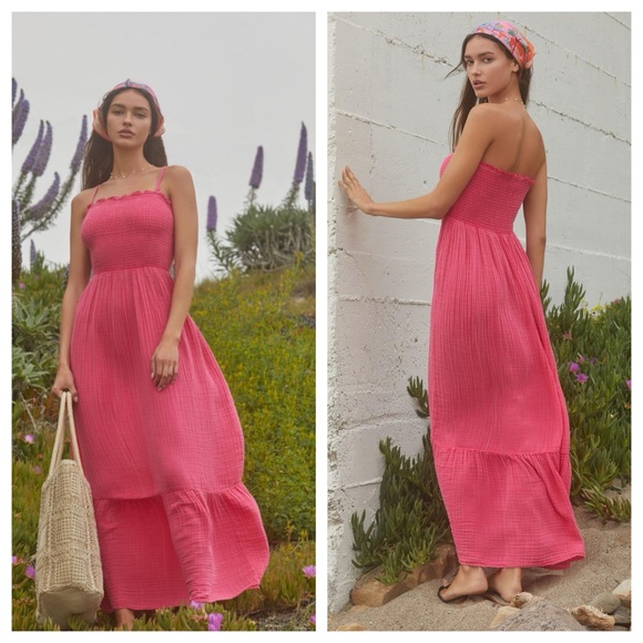 New Anthropologie✨Marisol Smocked Gauze Maxi Dress- Medium Pink - Picture 1 of 11